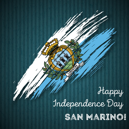 San Marino Independence Day Patriotic Design. Expressive Brush Stroke in National Flag Colors on dark striped background. Happy Independence Day San Marino Vector Greeting Card.のイラスト素材