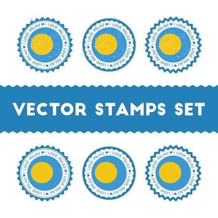 I Love Palau vector stamps set. Retro patriotic country flag badges. National flags vintage round signs.のイラスト素材