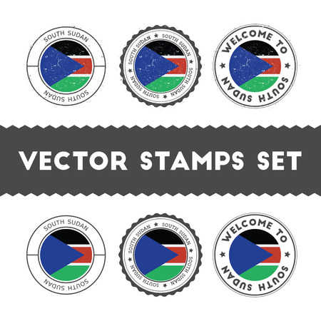 South Sudanese flag rubber stamps set. National flags grunge stamps. Country round badges collection.のイラスト素材