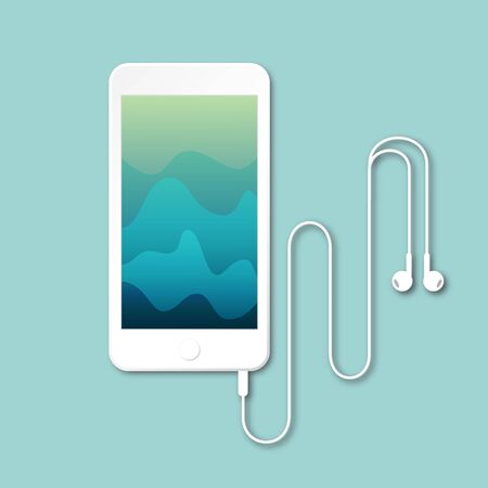 Flat smartphone isolated top view vector illustration. Trendy material design of mobile phone with earphones on white background.のイラスト素材
