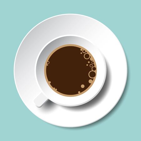 Coffee cup top view isolated vector illustration. White cup of black coffee with bubbles and saucer.のイラスト素材