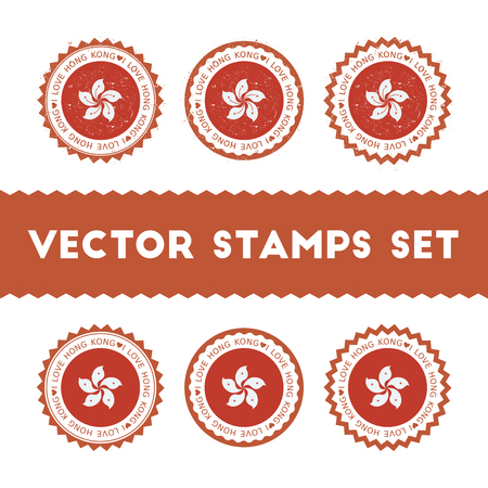 I Love Hong Kong vector stamps set. Retro patriotic country flag badges.のイラスト素材