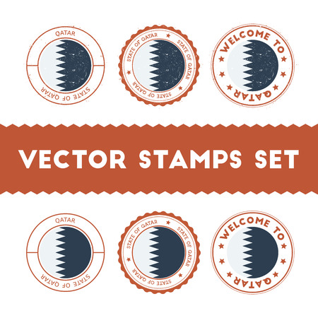 Qatari flag rubber stamps set. National flags grunge stamps. Country round badges collection.のイラスト素材