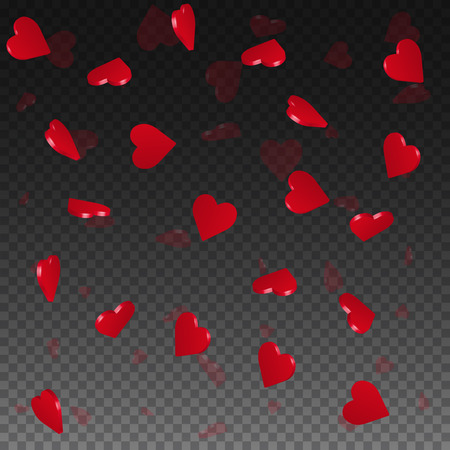 3d hearts valentine background. Scattered pattern on transparent grid dark background. 3d hearts valentines day valuable design. Vector illustration.のイラスト素材