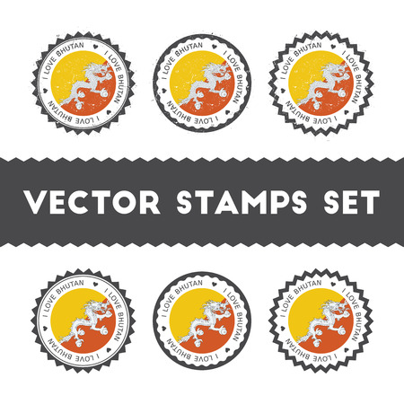 I Love Bhutan vector stamps set. Retro patriotic country flag badges. National flags vintage round signs.のイラスト素材