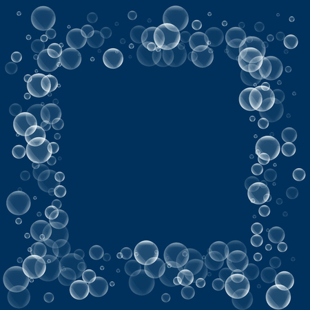 Random soap bubbles. Square messy frame with random soap bubbles on deep blue background. Vector illustration.のイラスト素材