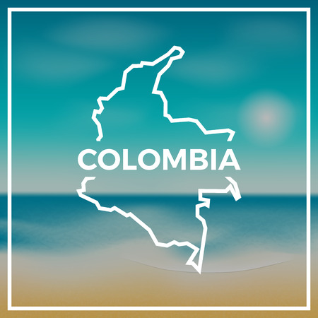 Colombia map rough outline against the backdrop of beach and tropical sea with bright sun.のイラスト素材