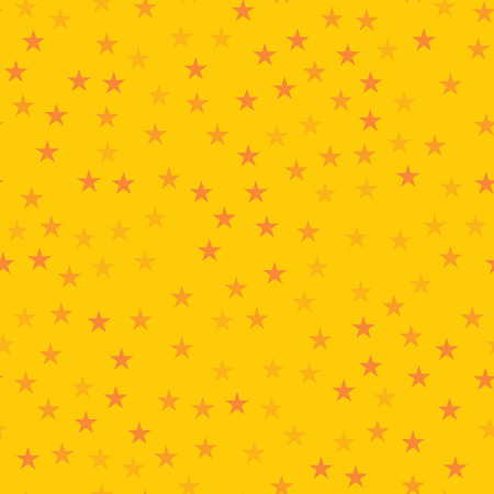 Orange stars seamless pattern on yellow background. Fair endless random scattered orange stars festive pattern. Modern creative chaotic decor. Vector abstract illustration.のイラスト素材