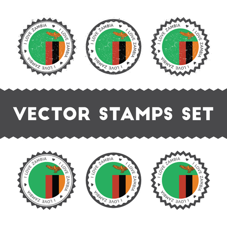 I Love Zambia vector stamps set. Retro patriotic country flag badges. National flags vintage round signs.のイラスト素材