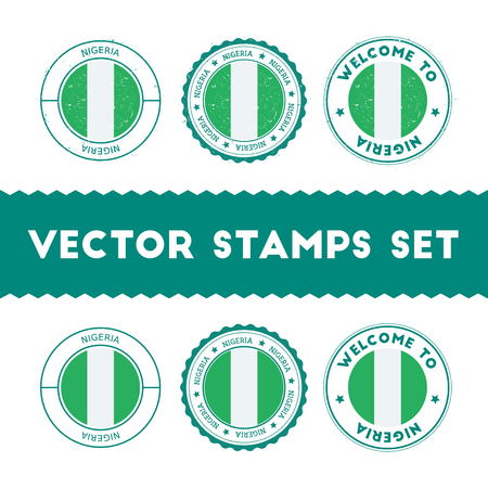 Nigerian flag rubber stamps set. National flags grunge stamps. Country round badges collection.のイラスト素材