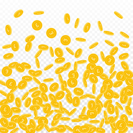 British pound coins falling. Scattered small GBP coins on transparent background. Lively bottom gradient vector illustration. Jackpot or success concept.のイラスト素材