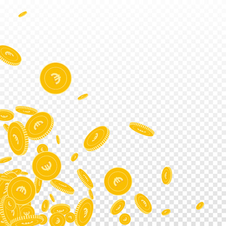 European Union Euro coins falling. Scattered floating EUR coins on a transparent background in a bottom left corner vector illustration. Jackpot or success concept.のイラスト素材