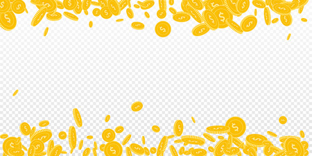 American dollar coins falling. Scattered floating USD coins on transparent background. Favorable scattered border vector illustration. Jackpot or success concept.のイラスト素材