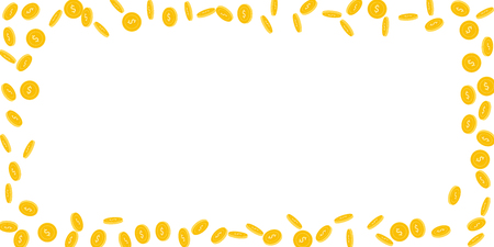 American dollar coins falling. Scattered sparse USD coins on white background. Stunning wide scattered frame vector illustration. Jackpot or success concept.のイラスト素材