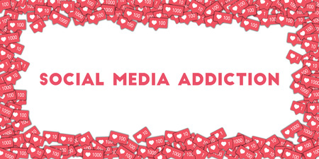 Social media addiction. Social media icons in abstract shape background with pink counter. Social media addiction concept in charming vector illustration.のイラスト素材