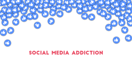 Social media addiction. Social media icons in abstract shape background with scattered thumbs up. Social media addiction concept in good-looking vector illustration.のイラスト素材