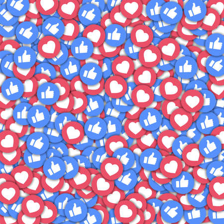 Social media icons in abstract shape background with scattered thumbs up and hearts. Concept in fair...