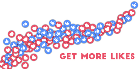 Get more likes. Social media icons in abstract shape background with scattered thumbs up and hearts. Get more likes concept in delicate vector illustration.のイラスト素材