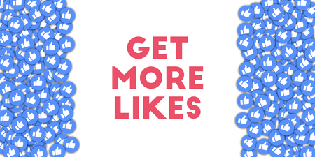 Get more likes. Social media icons in abstract shape background with scattered thumbs up. Get more likes concept in charming vector illustration.のイラスト素材