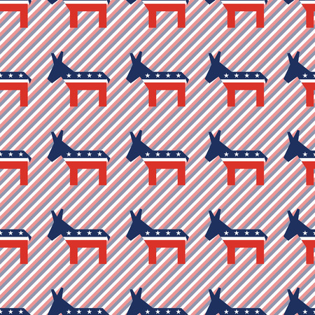 Broken democrat donkeys seamless pattern on red and blue stripes background. USA presidential elections patriotic wallpaper with broken democrat donkeys. Continuous pattern vector illustration.のイラスト素材