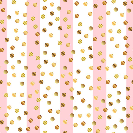 Golden dots seamless pattern on pink striped background. Wondrous gradient golden dots endless random scattered confetti on pink striped background. Confetti fall chaotic decor.のイラスト素材
