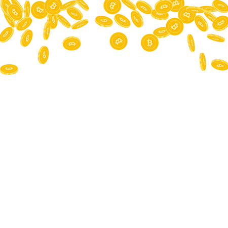 Bitcoin, internet currency coins falling. Scattered small BTC coins on white background. Fetching abstract top border vector illustration. Jackpot or success concept.のイラスト素材