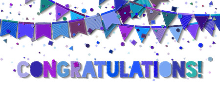 Bunting party flags. Delicate celebration card. Blue and purple holiday decorations and confetti. Bunting party flags vector illustration.のイラスト素材