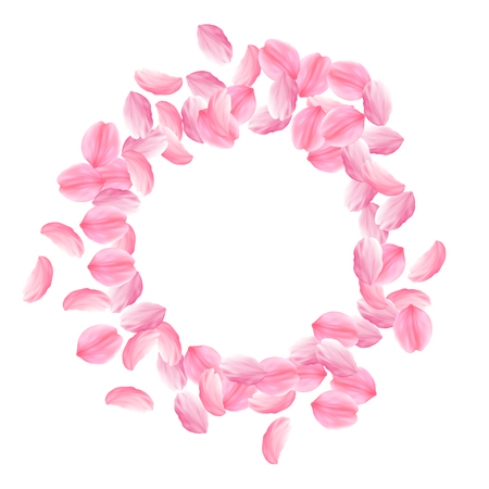 Sakura petals falling down. Romantic pink bright big flowers. Thick flying cherry petals. Frame circle exceptional vector background. Love, affection, romance concept.のイラスト素材