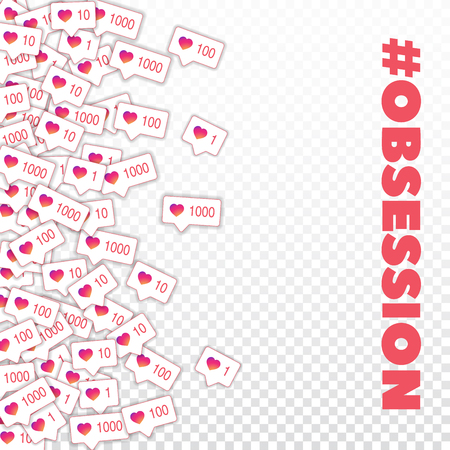 Social media icons. Social media obsession concept. Falling gradient like counter. Scatter left gradient elements on transparent grid background.のイラスト素材