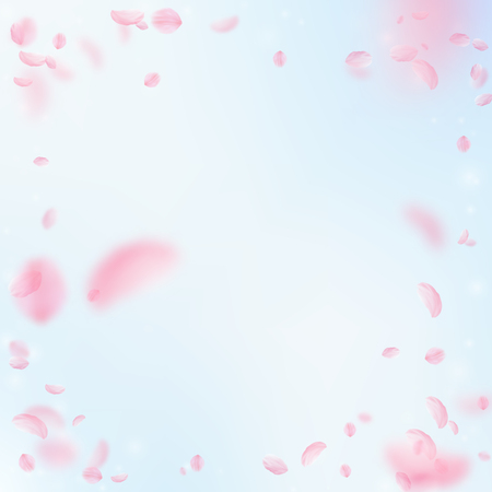 Sakura petals falling down. Romantic pink flowers vignette. Flying petals on blue sky square background. Love, romance concept. Favorable wedding invitation.のイラスト素材