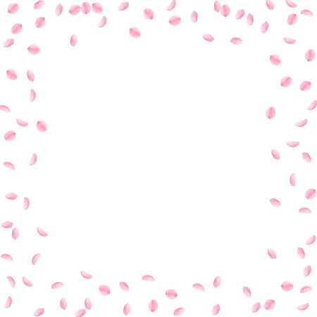 Sakura petals falling down. Romantic pink silky small flowers. Sparse flying cherry petals. Square border breathtaking vector background. Love, affection, romance concept.のイラスト素材