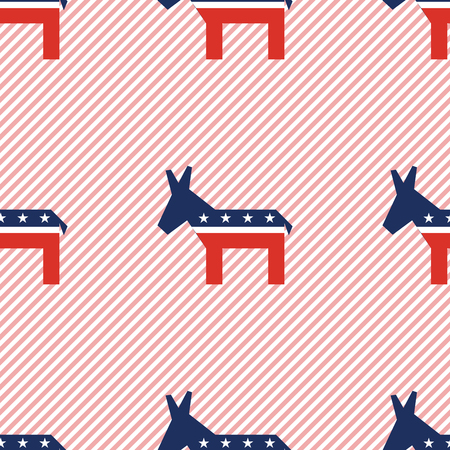 Broken donkeys seamless pattern on red stripes background. USA presidential elections patriotic wallpaper. Tillable pattern vector illustration.のイラスト素材