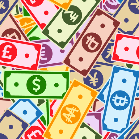 International currencies notes seamless pattern. Scattered Global bills. World big flat money pattern. Jackpot, wealth or success concept. Vector illustration.のイラスト素材