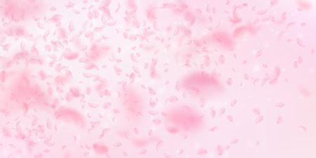 Sakura petals falling down. Romantic pink flowers gradient. Flying petals on pink wide background. Love, romance concept. Powerful wedding invitation.のイラスト素材