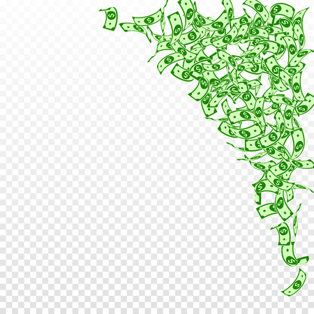 American dollar notes falling. Small USD bills on transparent background. USA money. Curious vector illustration. Amusing jackpot, wealth or success concept.のイラスト素材
