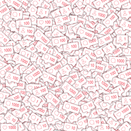 Social media icons. Social media marketing concept. Falling counter comment friend notification. Scattered pattern elements on transparent grid background.のイラスト素材