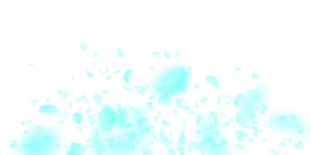 Turquoise flower petals falling down. Bold romantic flowers explosion. Flying petal on white wide background. Love, romance concept. Delicate wedding invitation.のイラスト素材