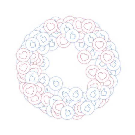 Social media icons. Social media marketing concept. Falling scattered thumbs up hearts. Round frame elements on white background.のイラスト素材
