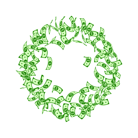 American dollar notes falling. Small USD bills on white background. USA money. Cool vector illustration. Dazzling jackpot, wealth or success concept.のイラスト素材