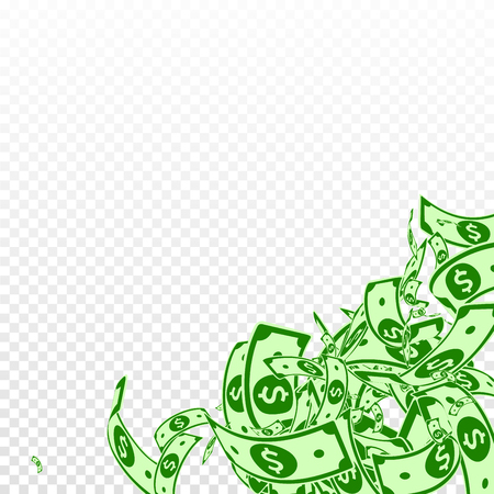 American dollar notes falling. Messy USD bills on transparent background. USA money. Comely vector illustration. Excellent jackpot, wealth or success concept.のイラスト素材