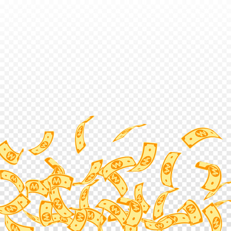Korean won notes falling. Floating WON bills on transparent background. Korea money. Decent vector illustration. Fresh jackpot, wealth or success concept.のイラスト素材