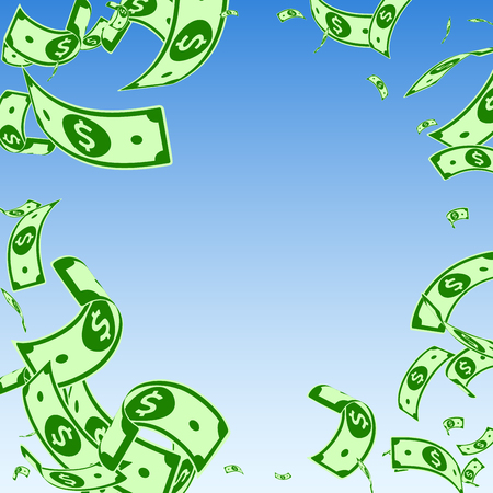American dollar notes falling. Random USD bills on blue sky background. USA money. Cool vector illustration. Enchanting jackpot, wealth or success concept.のイラスト素材