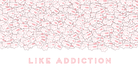Social media icons. Like addiction concept. Falling pink like counter. Wide top gradient elements on white background.のイラスト素材