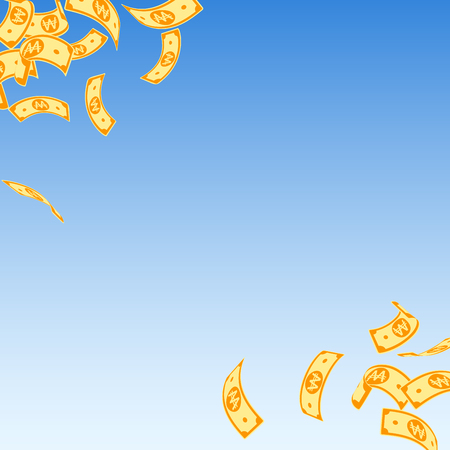 Korean won notes falling. Floating WON bills on blue sky background. Korea money. Decent vector illustration. Extraordinary jackpot, wealth or success concept.のイラスト素材