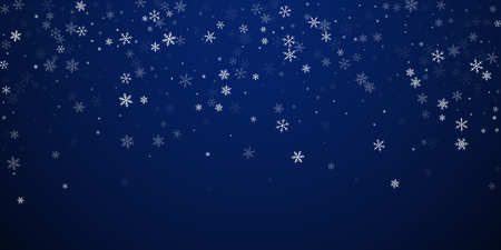 Sparse snowfall Christmas background. Subtle flying snow flakes and stars on dark blue night background. Attractive winter silver snowflake overlay template. Decent vector illustration.のイラスト素材