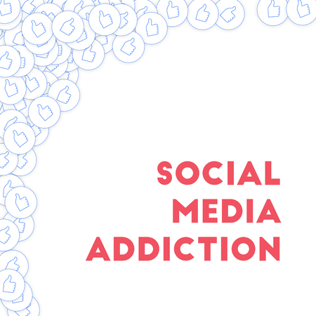 Social media icons. Social media addiction concept. Falling scattered thumbs up. Fancy abstract left top corner elements on white background.のイラスト素材