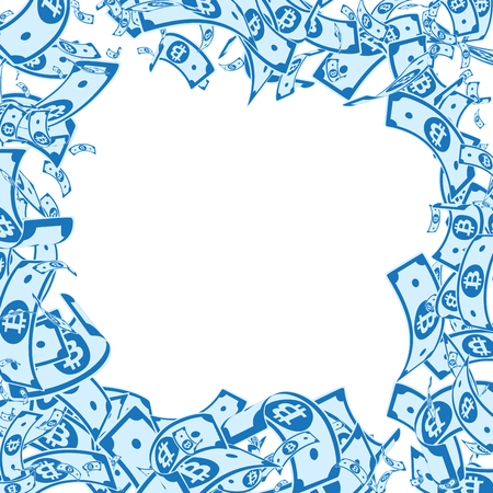 Bitcoin, internet currency notes falling. Messy BTC bills on white background. Cryptocurrency, digital money. Admirable vector illustration. Beautiful jackpot, wealth or success concept.のイラスト素材
