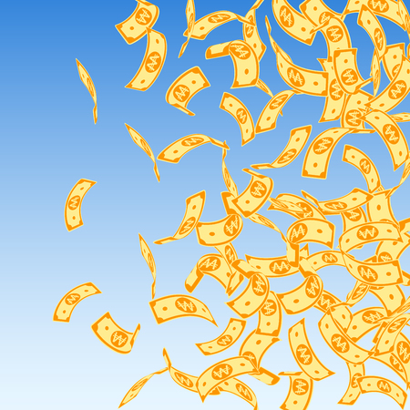 Korean won notes falling. Floating WON bills on blue sky background. Korea money. Dazzling vector illustration. Unusual jackpot, wealth or success concept.のイラスト素材