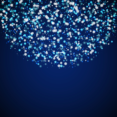 Beautiful falling snow Christmas background. Subtle flying snow flakes and stars on dark blue night background. Amazing winter silver snowflake overlay template. Bizarre vector illustration.のイラスト素材