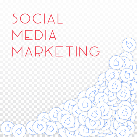 Social media icons. Social media marketing concept. Falling scattered thumbs up. Bottom right corner elements on transparent grid background.のイラスト素材